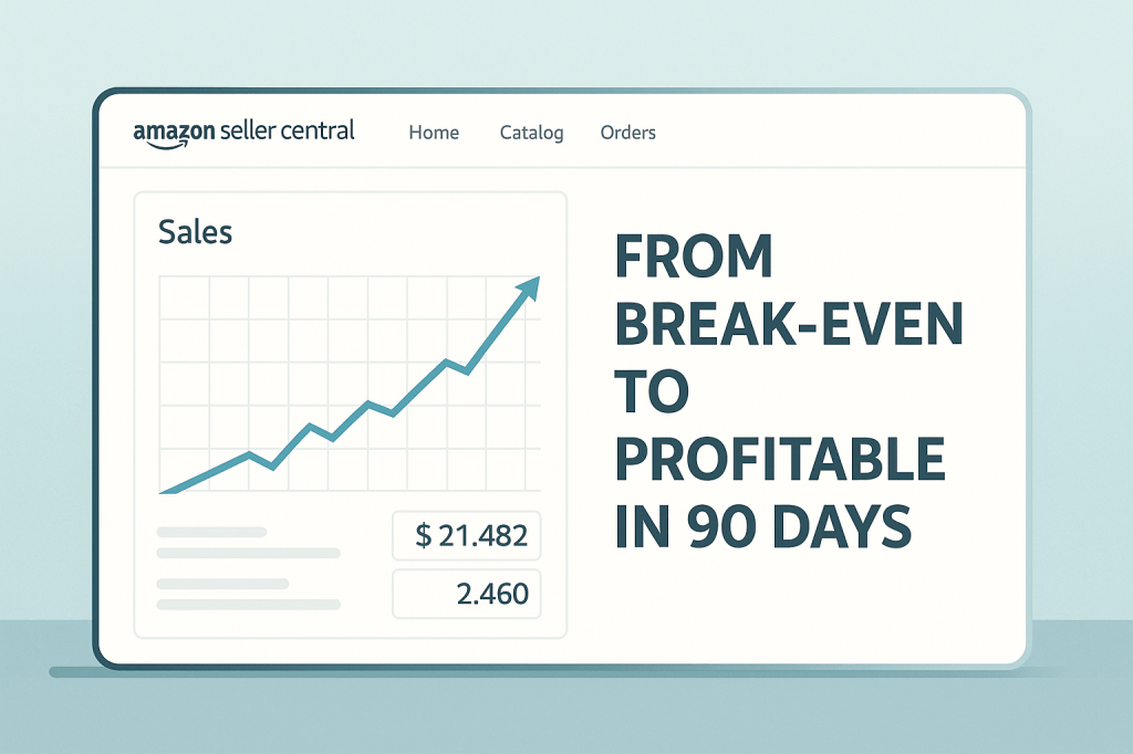 Amazon sales dashboard with upward growth chart — from break-even to profitable in 90 days